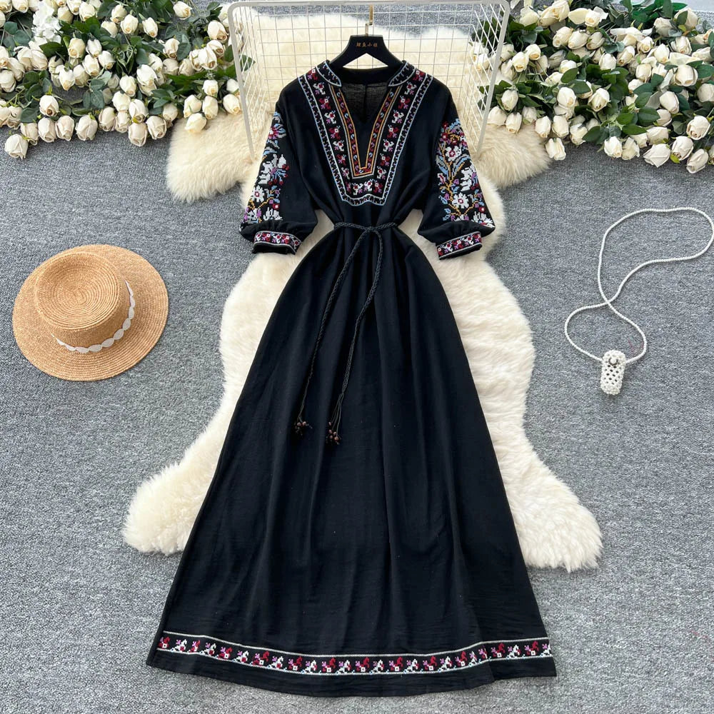 Retro Embroidered V-Neck Dress