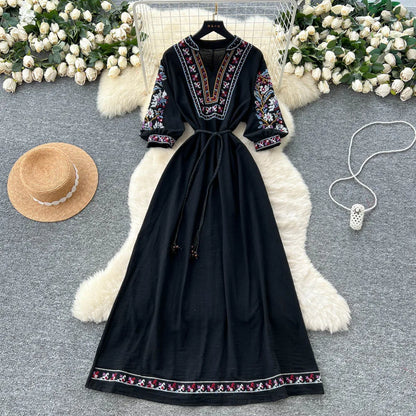 Retro Embroidered V-Neck Dress