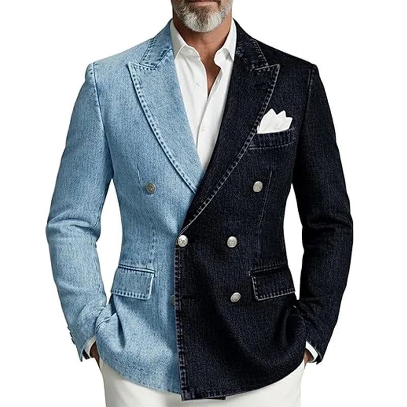 Denim Double-Breasted Peak-Lapel Blazer