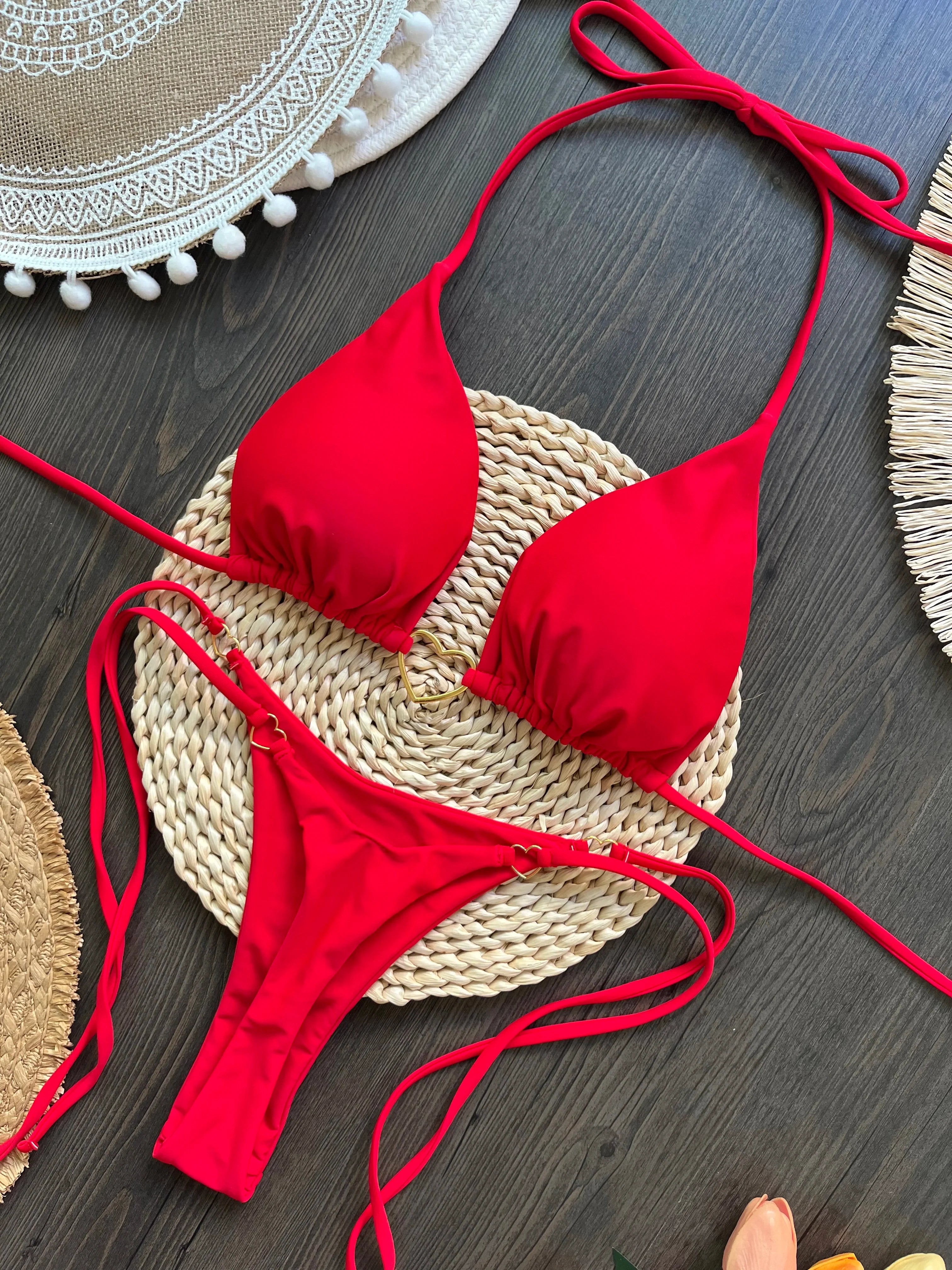 Solid Color Halter Bikini Set