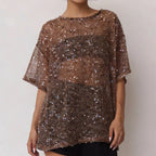 Brown Sequin Mesh Top