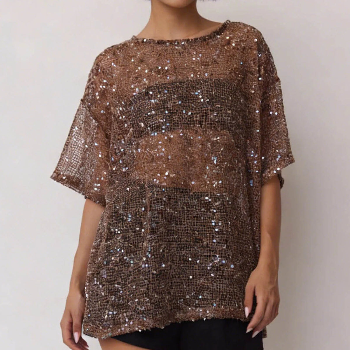 Brown Sequin Mesh Top