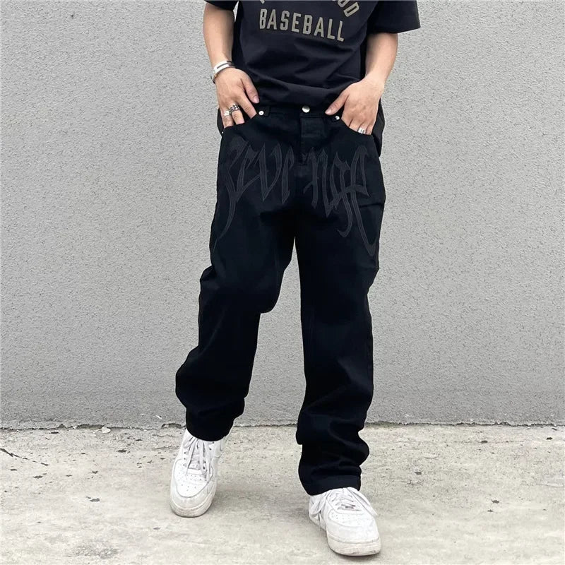 Embroidered Letter Loose Hip-Hop Jeans