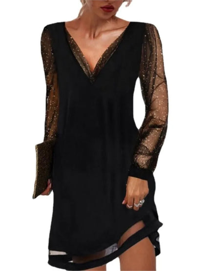 Sequin Deep V-Neck Mesh Midi Dress