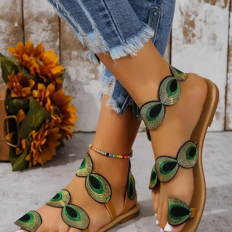 Peacock Feather Flat Sandals
