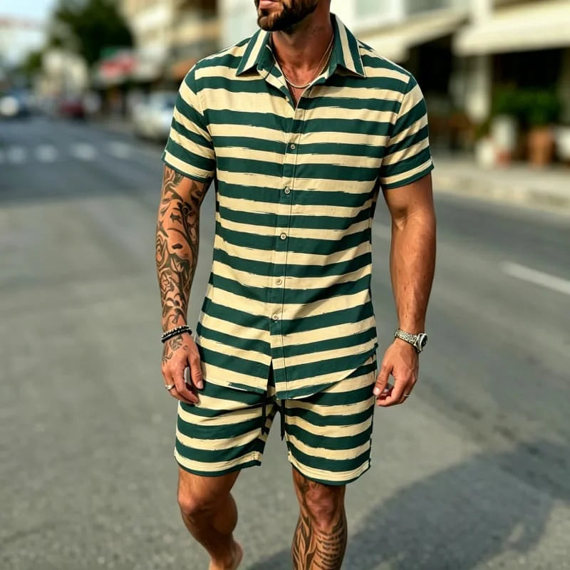 Striped Printed Shirt Shorts Set