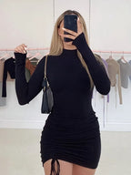 Long Sleeve Ruched Turtleneck Bodycon Mini Dress