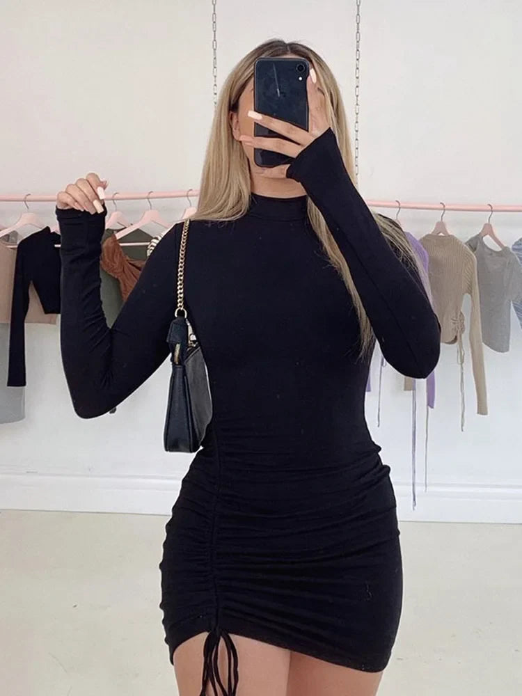 Long Sleeve Ruched Turtleneck Bodycon Mini Dress