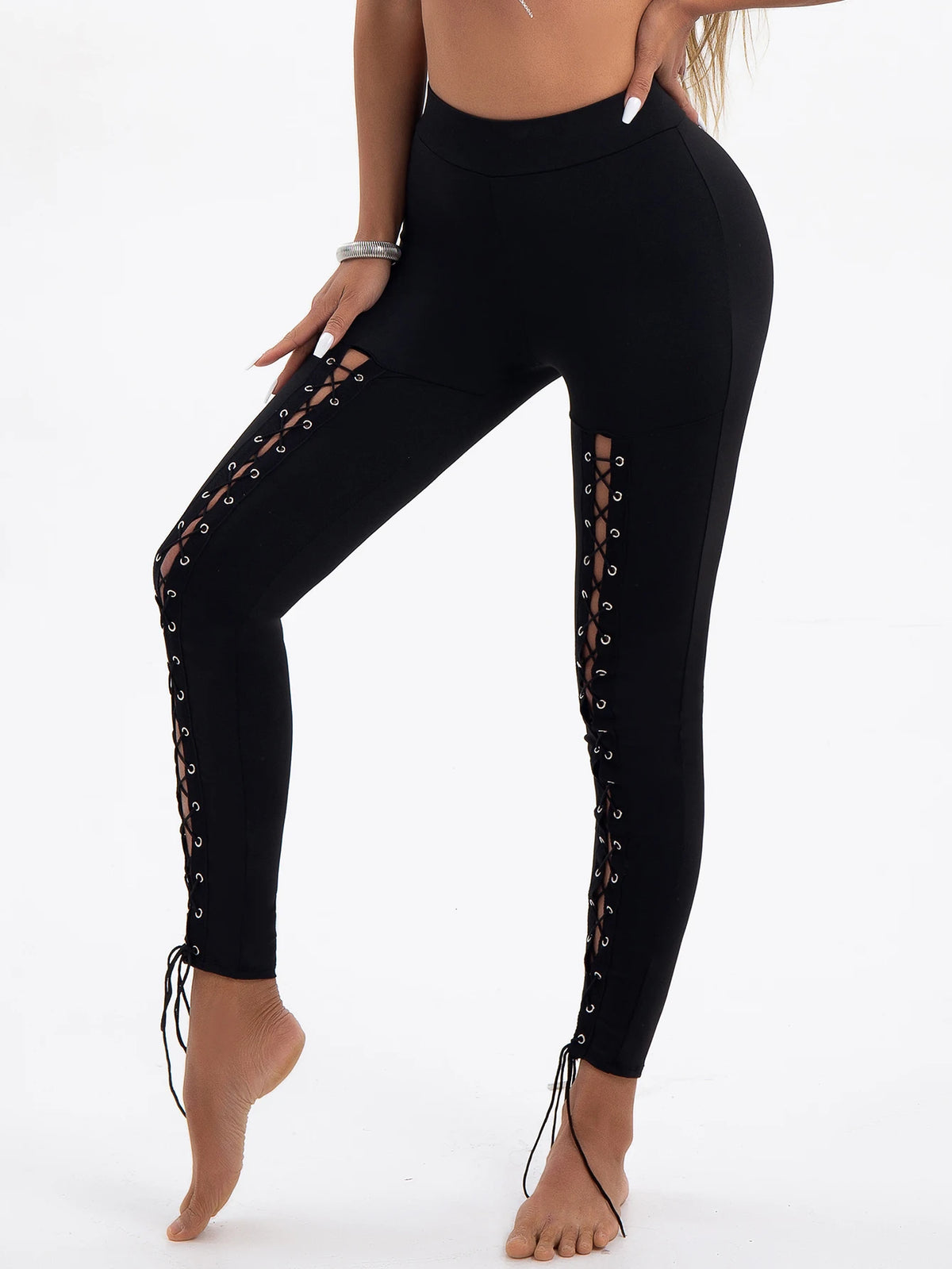 Hollow-Out Lace-Up Slim Shorts