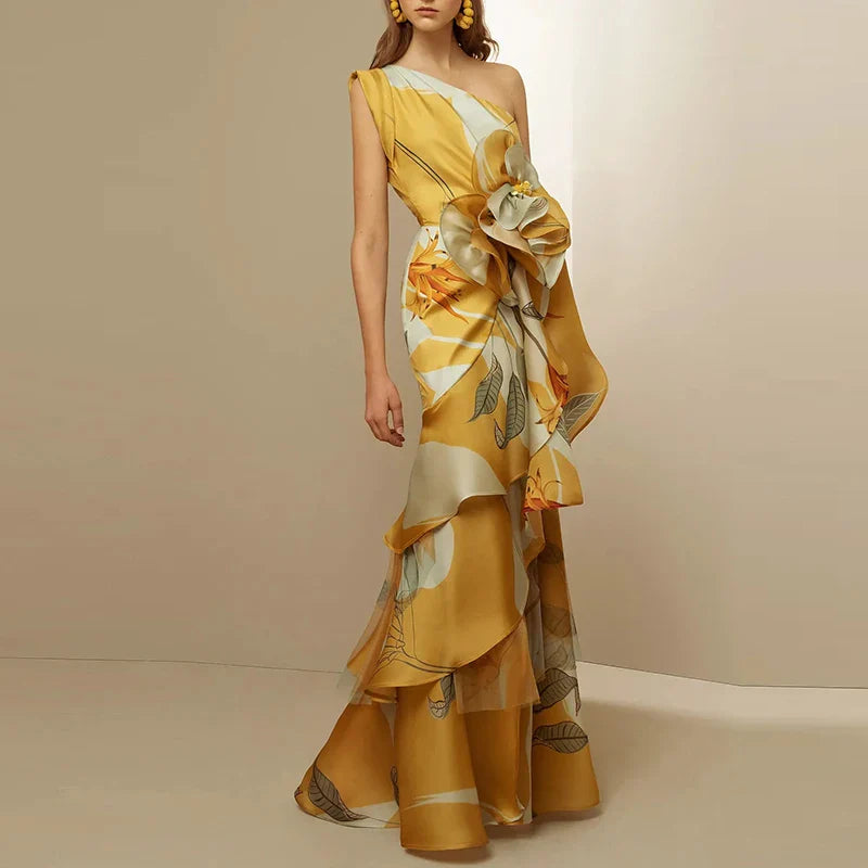 Diagonal Collar Long Dress