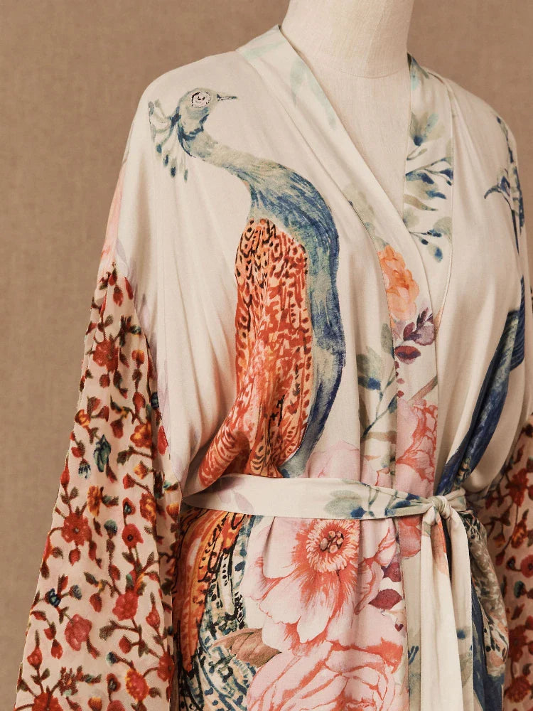 Peacock Print Beach Kimono