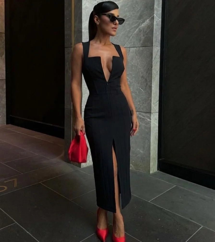 Square-Neck Zip-Up Split Dress