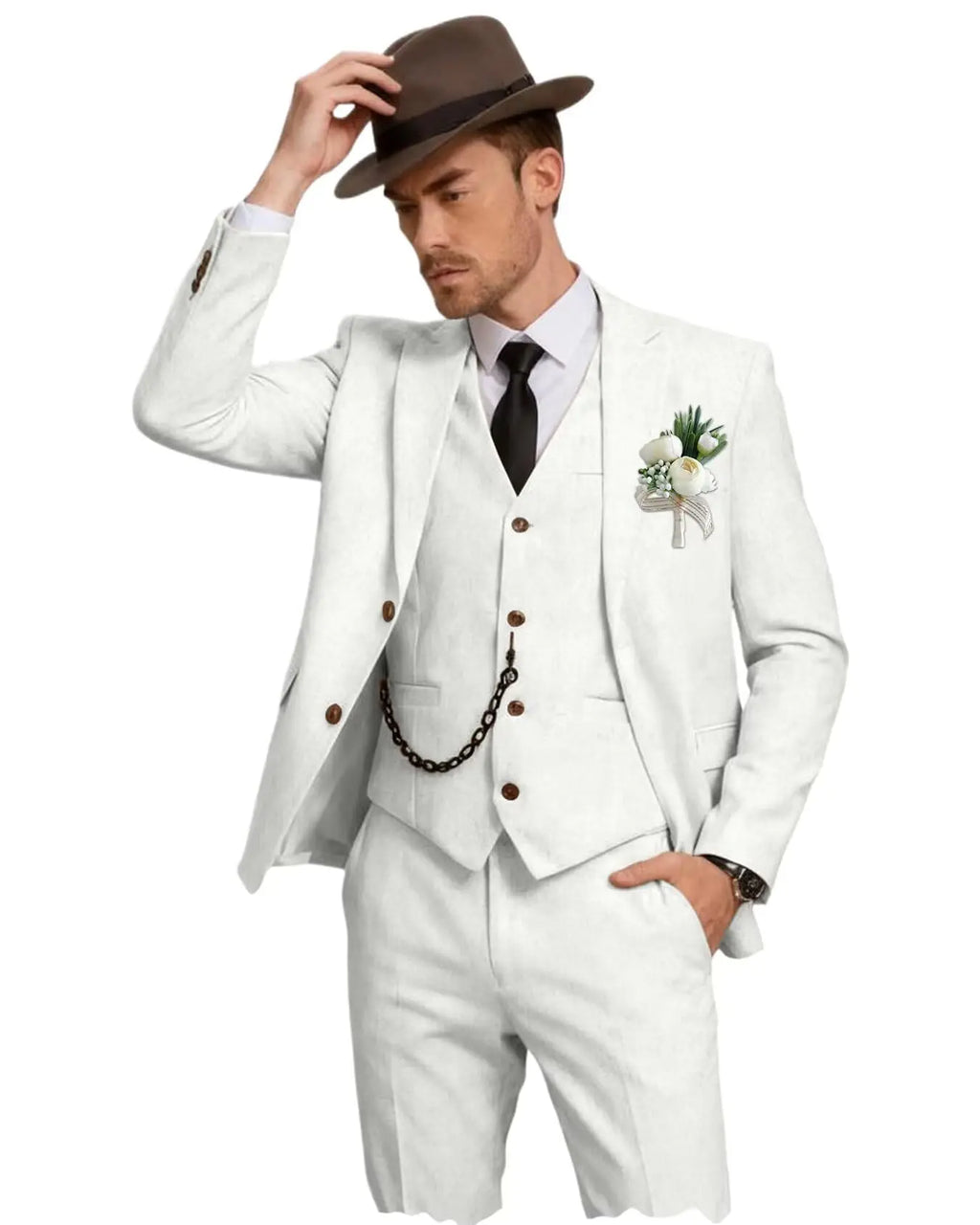 Three-Piece Linen Notch-Lapel Suit