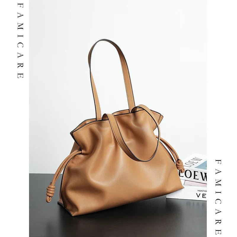 Soft Leather Pleated Bucket Tote Bag