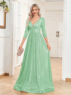 Long Sleeves Blue Sequins Formal Evening Dress