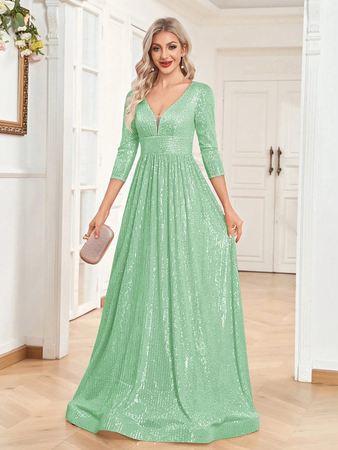 Long Sleeves Blue Sequins Formal Evening Dress