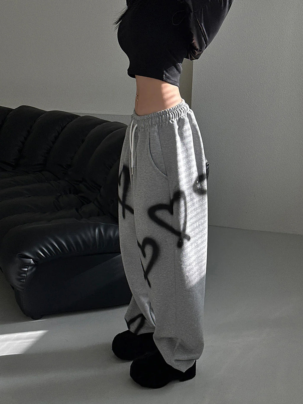Heart Print Drawstring Wide-Leg Sweatpants