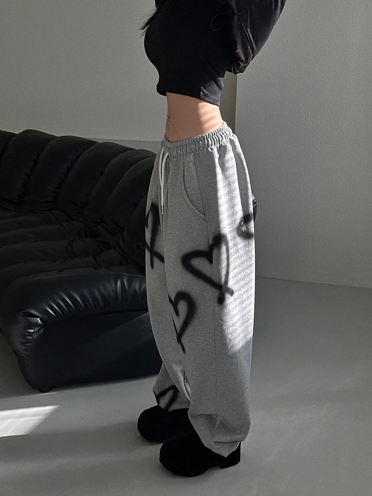 Heart Print Drawstring Wide-Leg Sweatpants