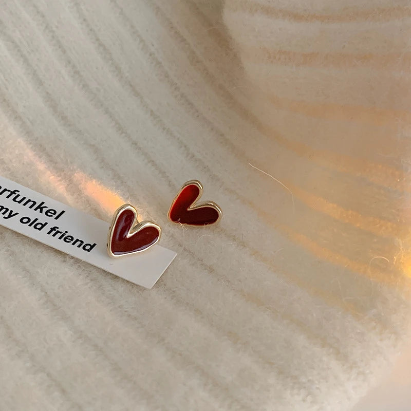 Wine Red Heart Stud Earrings