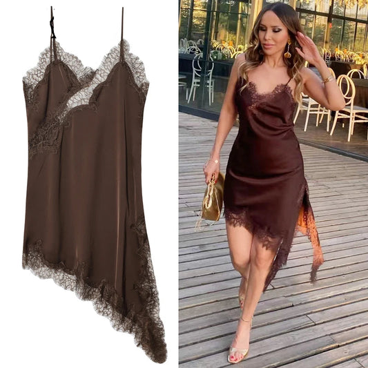 Lace Asymmetric Slip Mini Dress