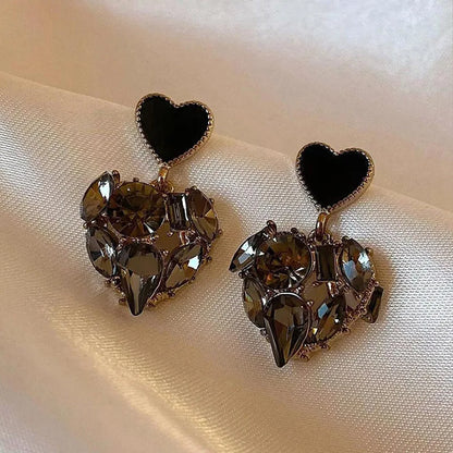 Black Crystal Heart Stud Earrings