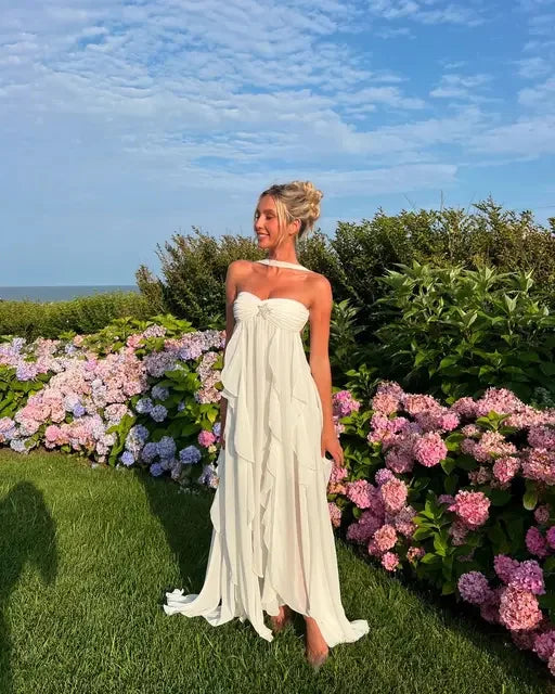 High-Slit Ruffled Halter Dress