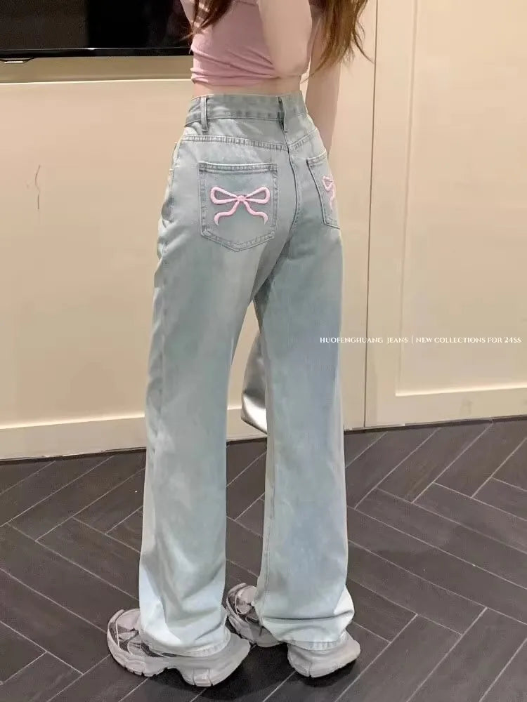 Bow-Embroidery Straight-Leg Jeans