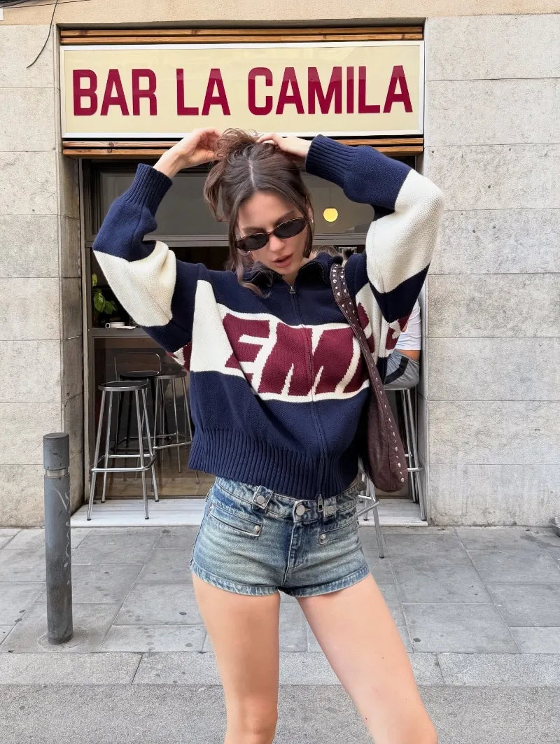 Spliced Letter Embroidery Zipper Cardigan