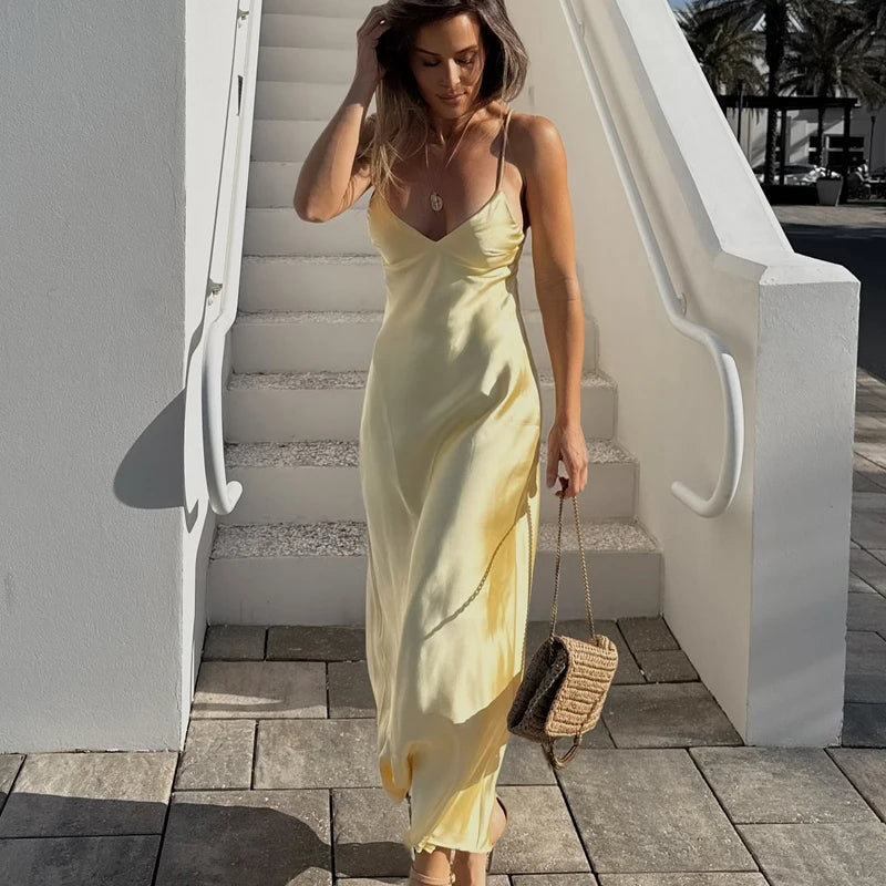 Yellow Satin V-Neck Slip Dress