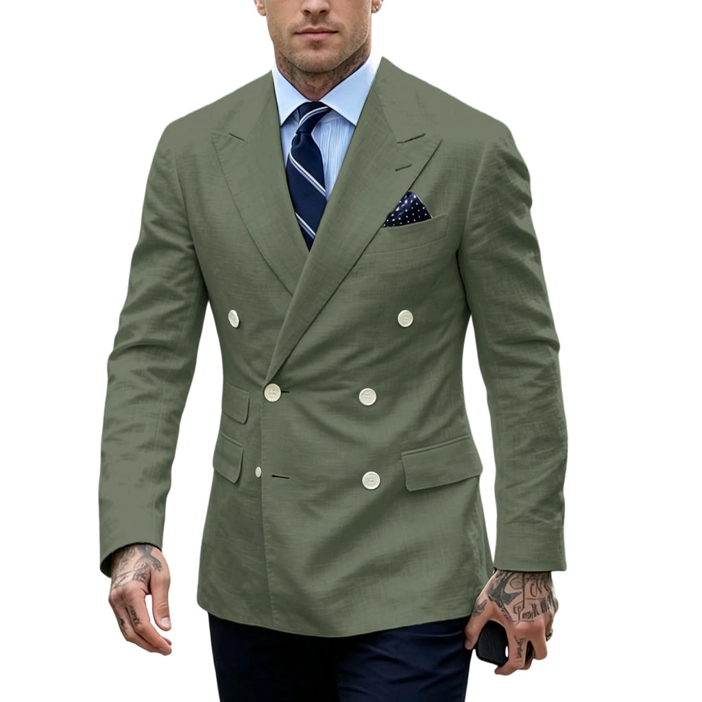 Linen Double-Breasted Slim Tuxedo Blazer