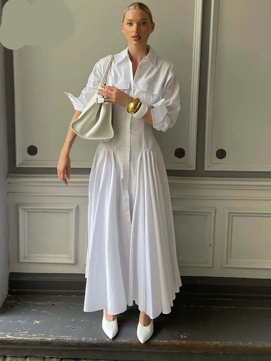 White Lapel Button Maxi Dress
