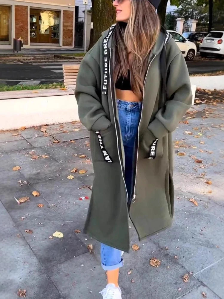 Women’s Elegant Loose Hooded Coat with Zipper
