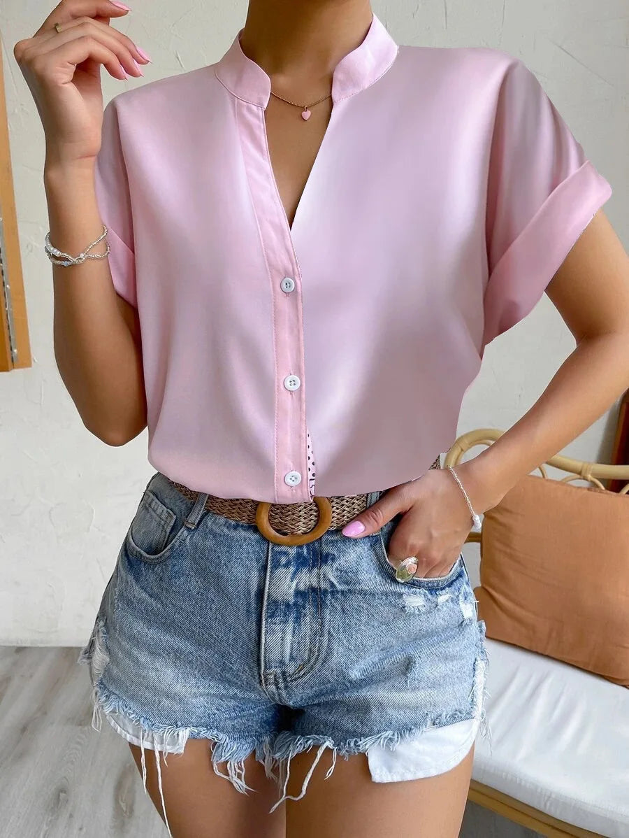 Jersey Solid Button Front Regular Fit Top