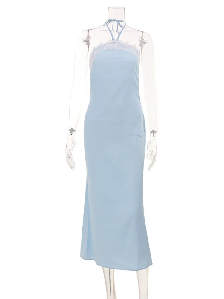 Lace Patchwork Halter Midi Dress
