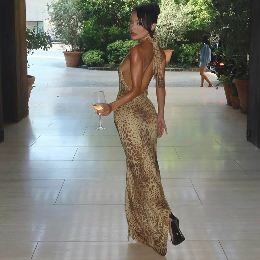 Leopard Halter Backless Maxi Dress