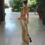 Leopard Halter Backless Maxi Dress