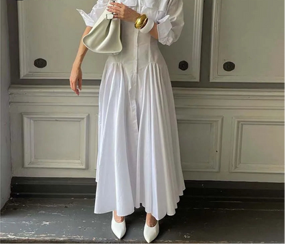 White Lapel Button Maxi Dress