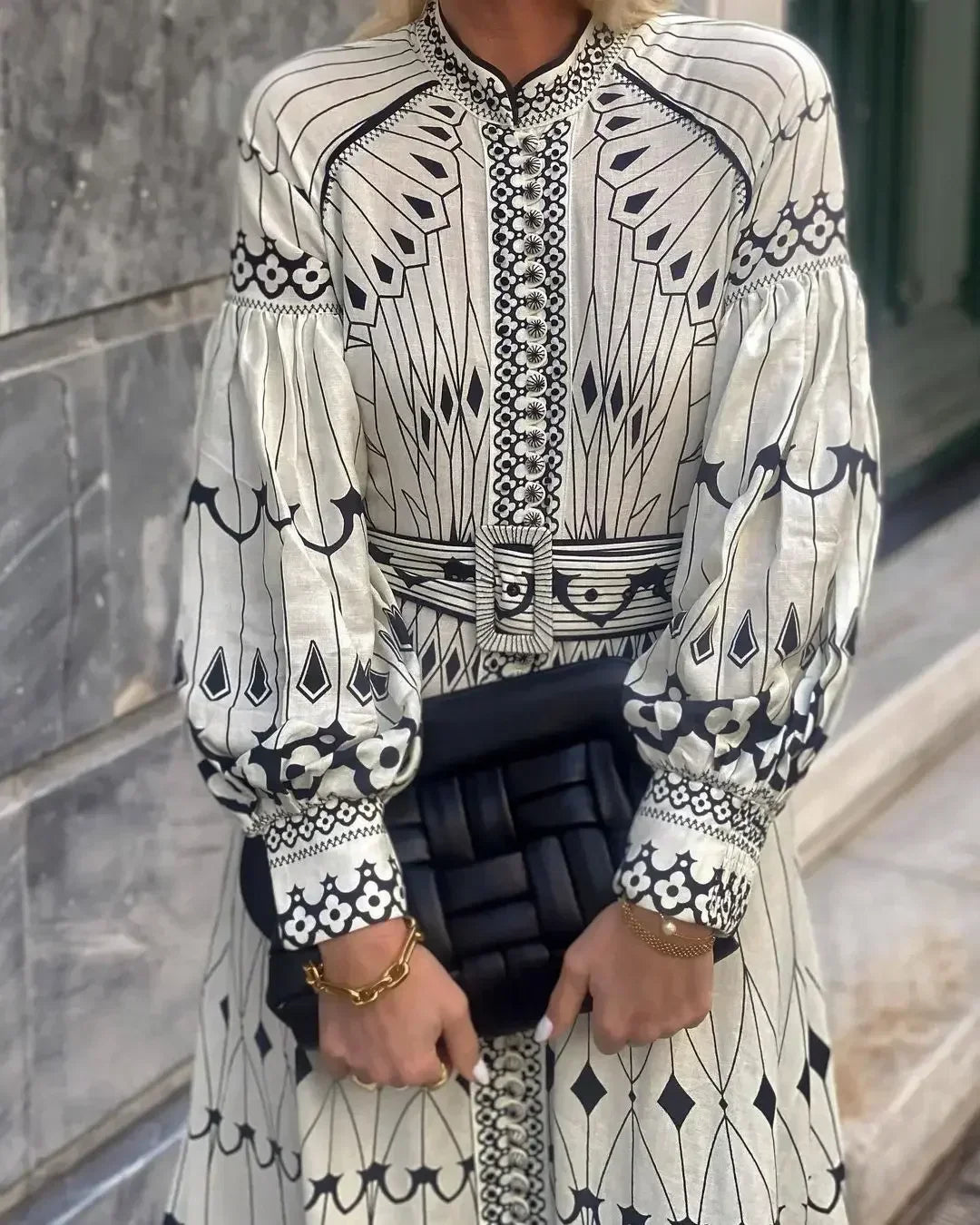 Retro Belted Long Sleeve A-Line Dress