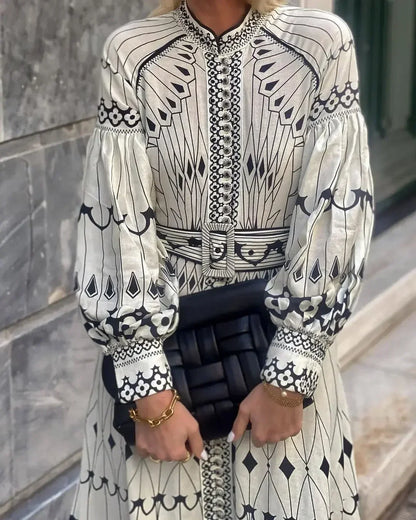 Retro Belted Long Sleeve A-Line Dress