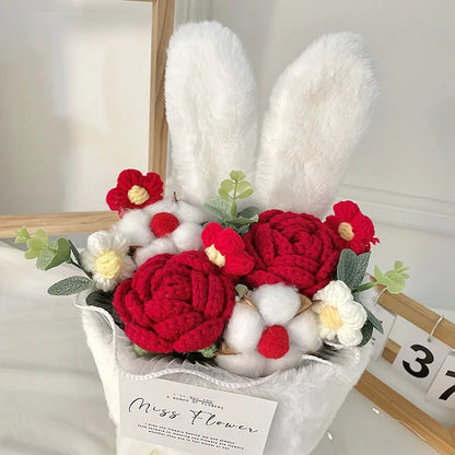 Handmade Knitted Rose Bouquet with Rabbit Ears