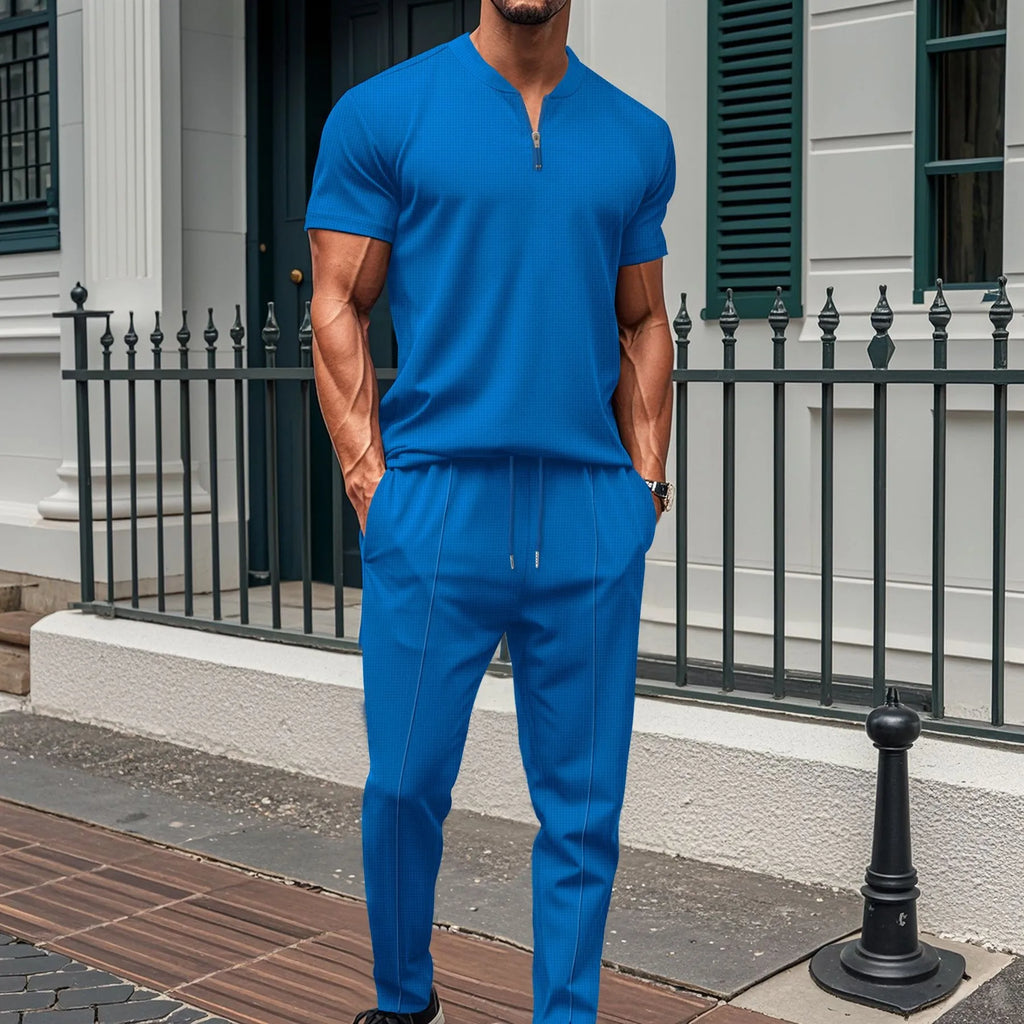 Waffle Zipper Polo Shirt Trousers Set