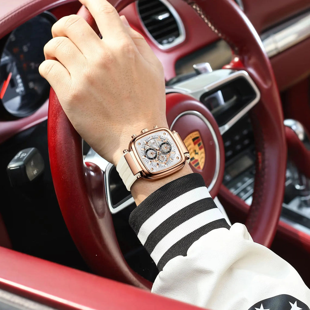 POEDAGAR Square Silicone Sport Watch