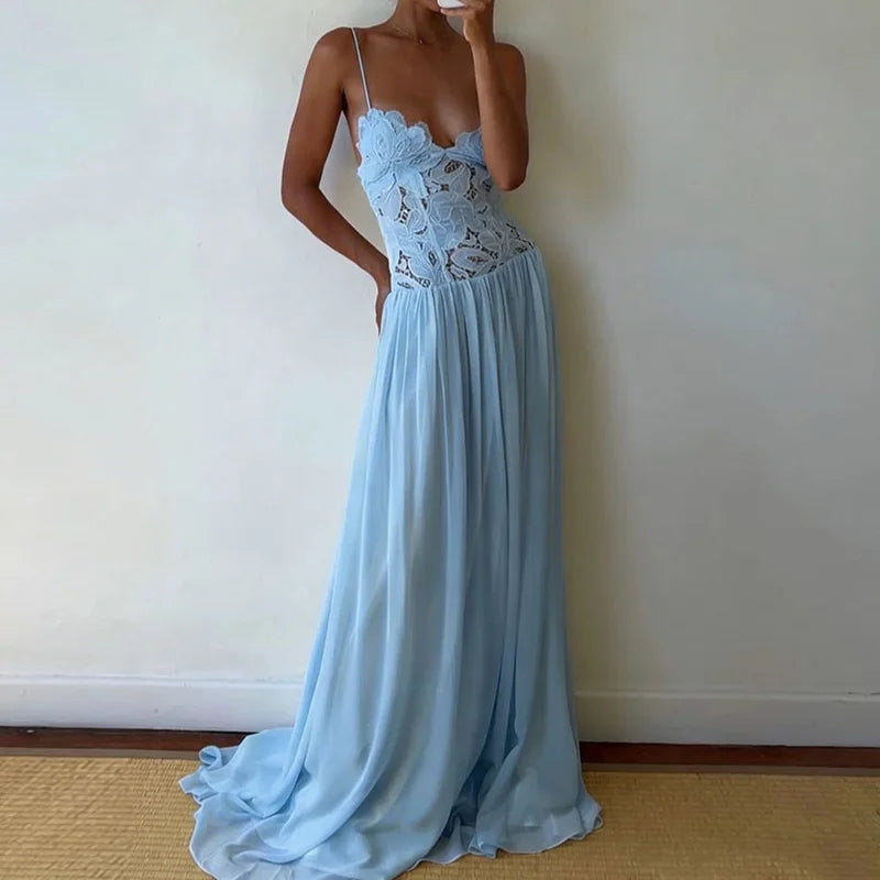 Hollow-Out Lace Patchwork Maxi Dress
