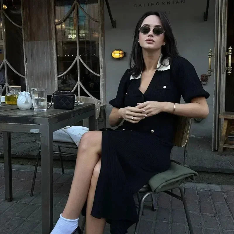 V-Neck Knitted Button Long Dress