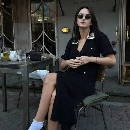 V-Neck Knitted Button Long Dress