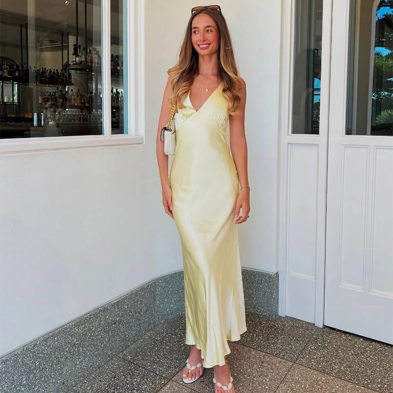 Yellow Satin V-Neck Slip Dress