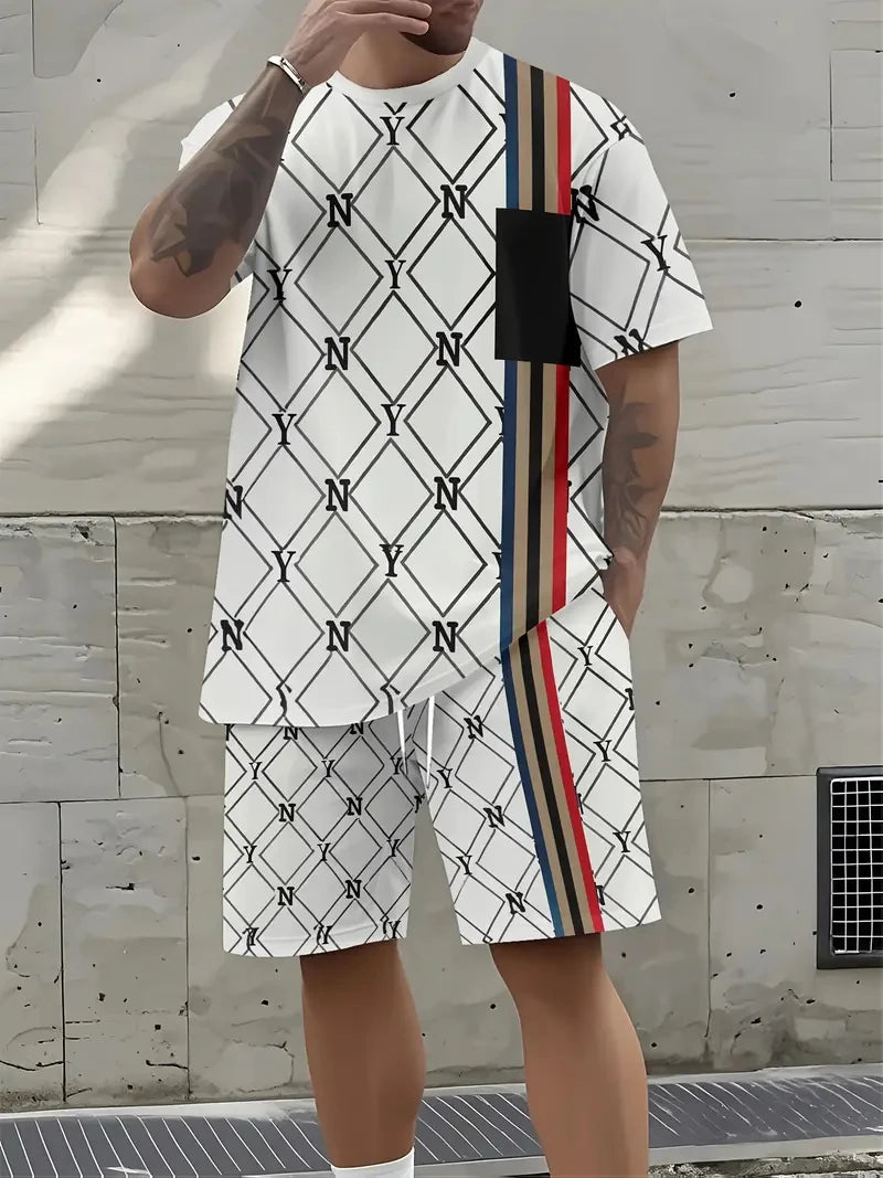 Letter Print Elastic Waist Shorts Set