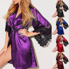 Women's Sexy Silky Satin Night Gown Robe with G-String