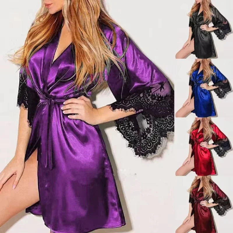 Women's Sexy Silky Satin Night Gown Robe with G-String