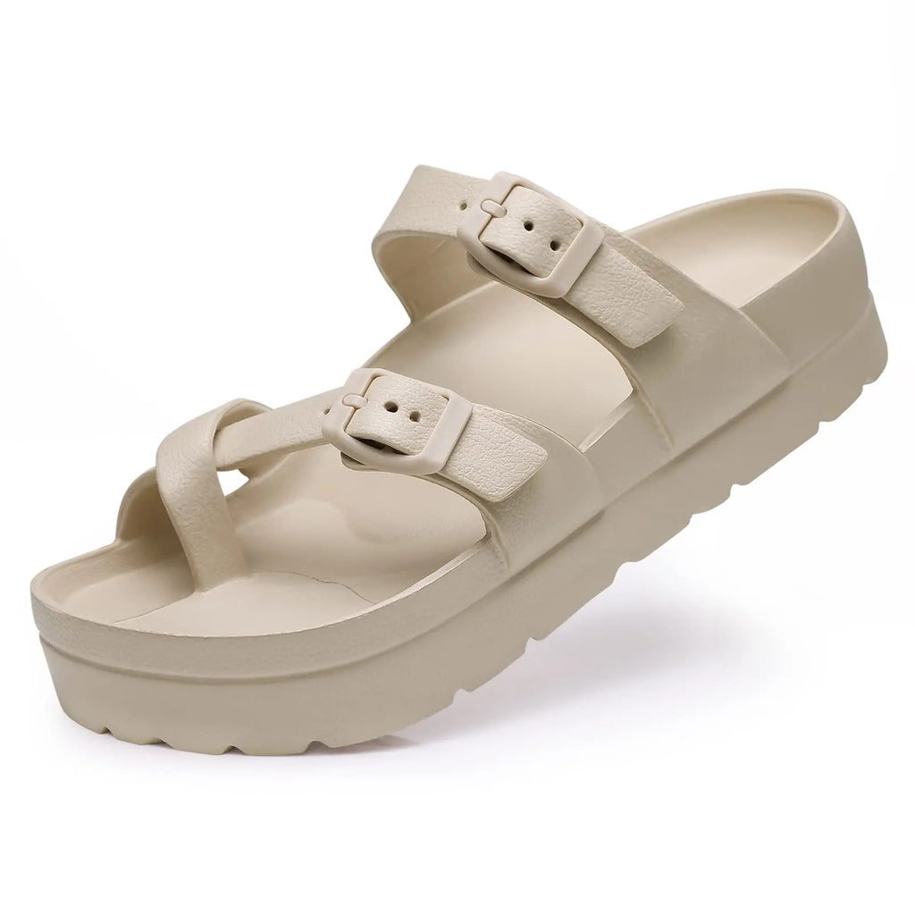 Women Buckle Platform Slides